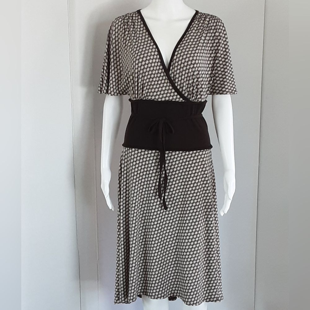 MAX STUDIO Brown Polka-Dot Flutter Sleeve Hi-Low Cincher Waist Dress Sz M